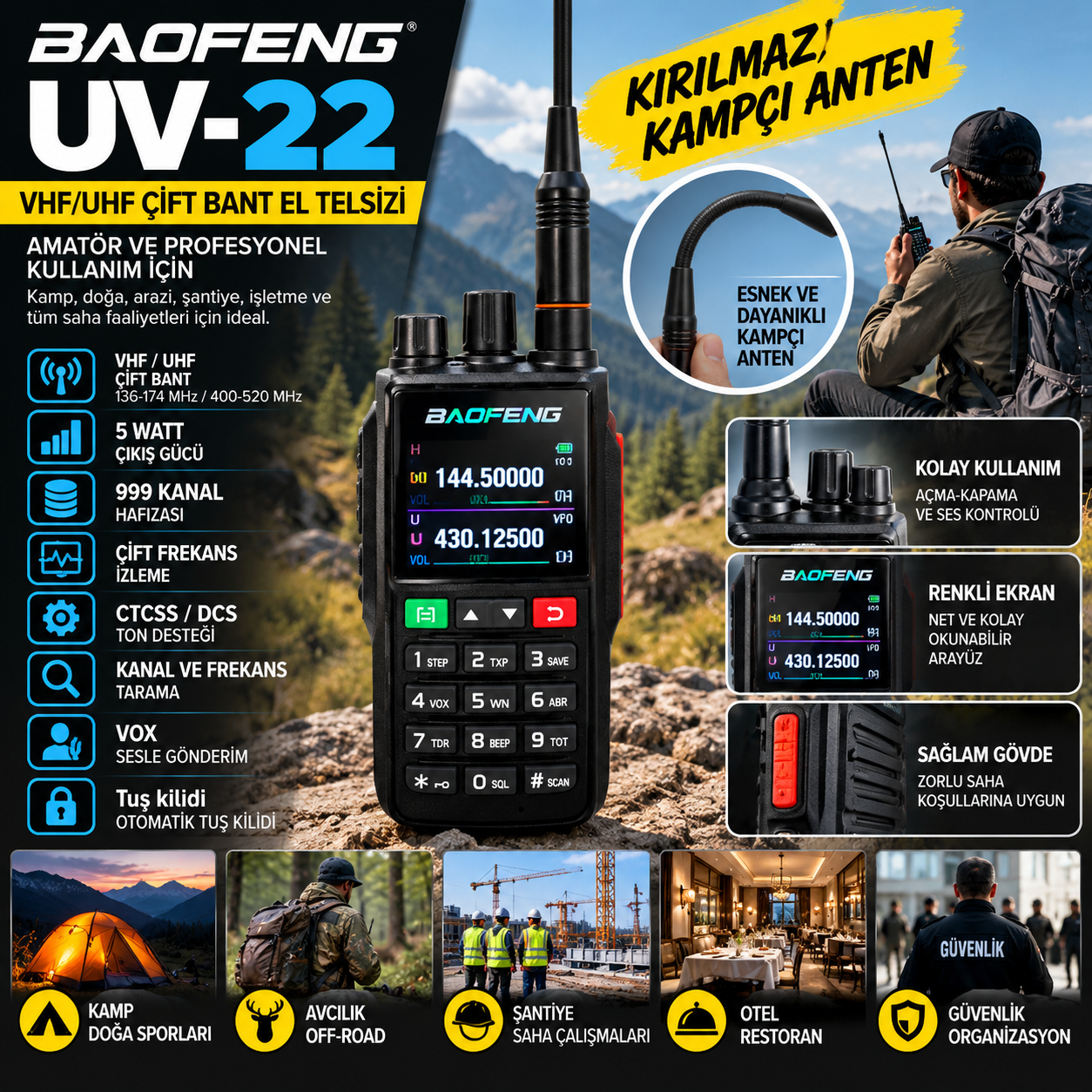 BAOFENG UV-22 – UZUN MENZİLLİ ÇİFT BANT EL TELSİZİ